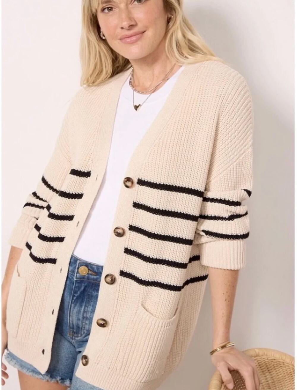 John + Jenn Oversized Boxy Black Cream Stripe Lilly Cardigan Sweater L Evereve